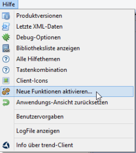 Version 1.9.5 des Clients für das trend-ERP-System – Programmaufruf von »neue Funktionen aktivieren« im Hilfemenü